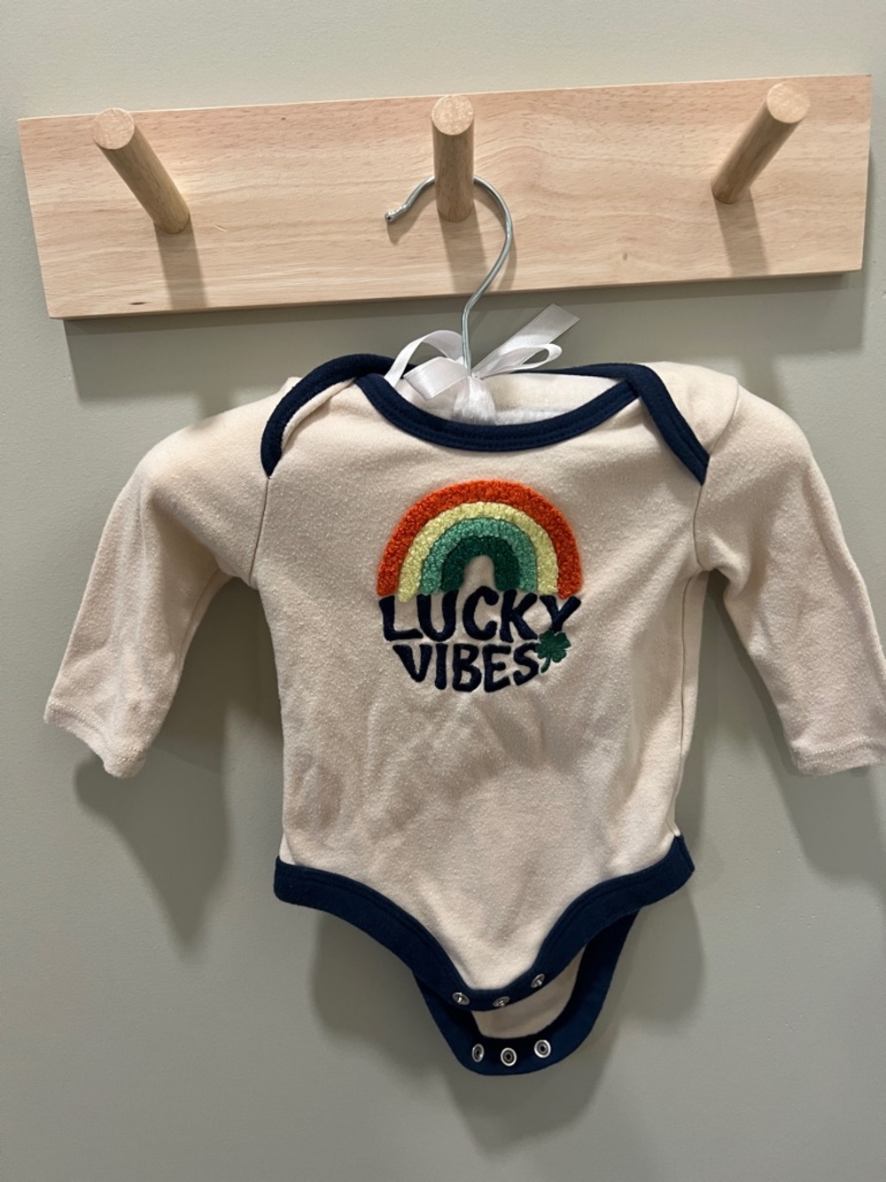 ‘Lucky Vibes' Rainbow One-Piece Bodysuit with Navy Trim and pants